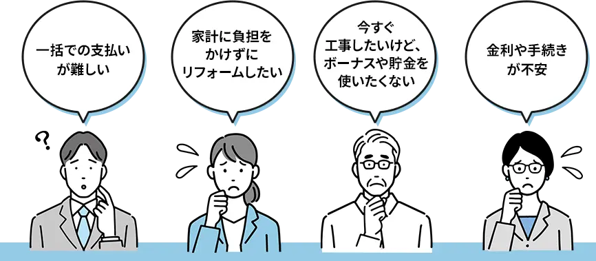 一括での支払いが難しい。家計に負担をかけずにリフォームしたい。今すぐ工事したいけど、ボーナスや貯金を使いたくない。金利や手続きが不安。